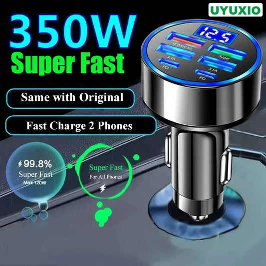 6 in 1 USB C Car Phone Charger Adapter with Voltage Display Dual PD Super Fast for Iphone 15 Pro Max OPPO Samsung Huawei